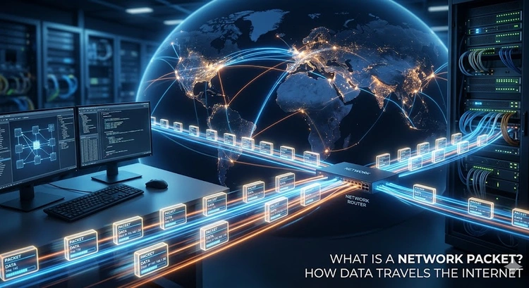 Diagram showing a network packet traveling from a home router to a web server across the internet