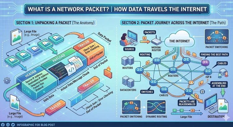 What Is a Network Packet? How Data Travels the Internet &mdash; complete visual guide showing packet structure, routing, and reassembly