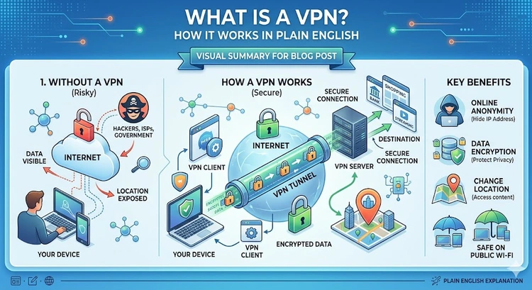 What Is a VPN? How It Works in Plain English — complete visual guide showing encryption tunnel, IP masking, and VPN server flow