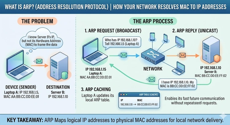 What Is ARP? How Your Network Resolves MAC to IP Addresses — complete visual guide showing the ARP request and reply cycle