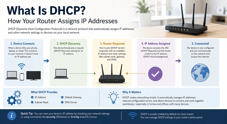What Is DHCP? How Your Router Assigns IP Addresses — complete visual guide showing DORA handshake and IP lease lifecycle