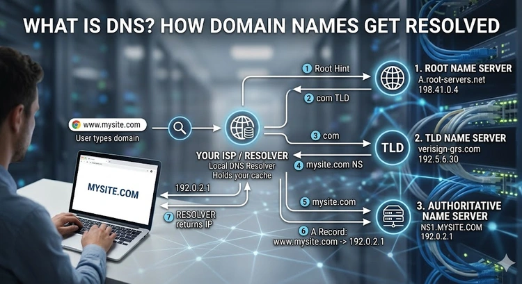 Diagram showing how DNS resolves a domain name to an IP address step by step