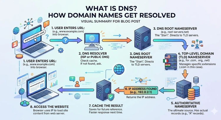 What Is DNS? How Domain Names Get Resolved &mdash; complete visual guide showing resolvers, root servers, and record types