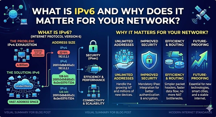 What Is IPv6 and Why Does It Matter for Your Network? &mdash; complete visual guide showing address space, header structure, and transition mechanisms