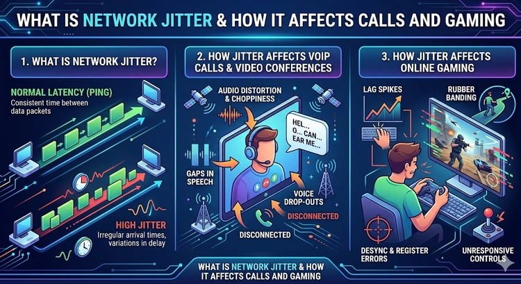 What Is Network Jitter and How Does It Affect Calls and Gaming? — complete visual guide showing jitter causes, thresholds, and fixes