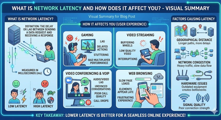 What Is Network Latency and How Does It Affect You? &mdash; complete visual guide showing causes, measurement, and fixes