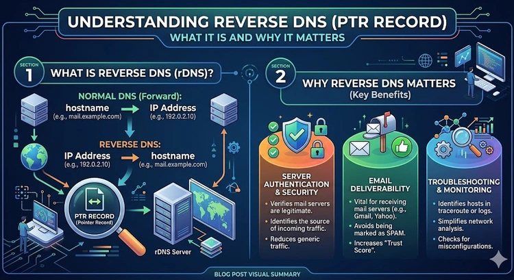 What Is Reverse DNS (PTR Record) and Why Does It Matter? &mdash; complete visual guide showing forward vs. reverse DNS resolution flow