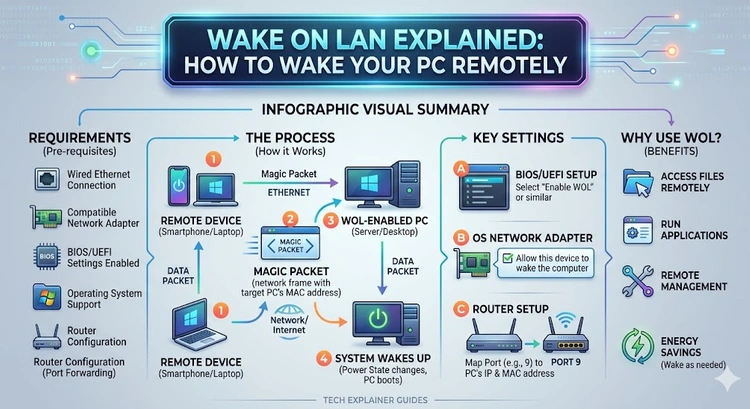 Wake on LAN Explained: How to Wake Your PC Remotely &mdash; complete visual guide showing BIOS settings, MAC address lookup, magic packet structure, and router port forwarding