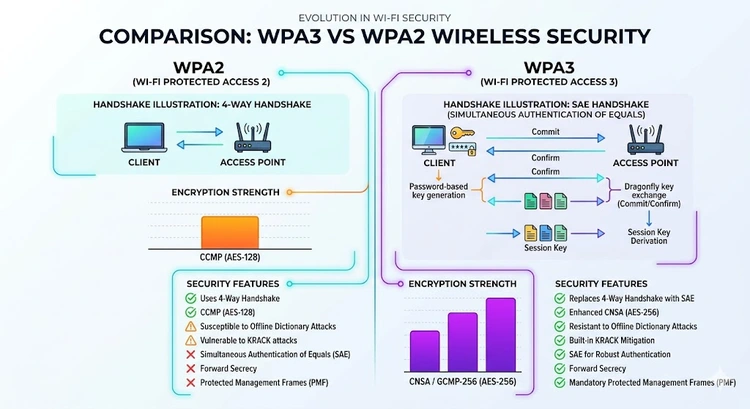 WPA3 vs WPA2 comparison diagram showing encryption improvements and SAE handshake protocol