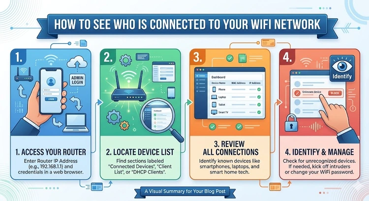 How to See Who Is Connected to Your WiFi Network &mdash; complete visual guide covering router admin panel, apps, and command-line methods