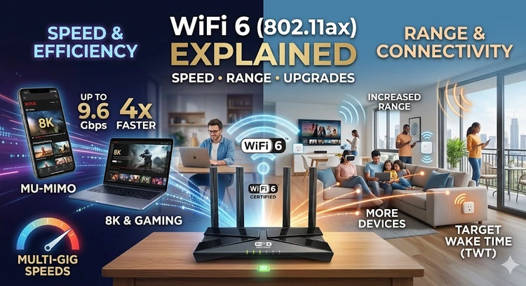 WiFi 6 802.11ax router setup showing speed and range improvements over previous WiFi standards