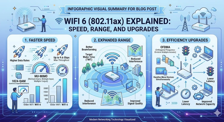 WiFi 6 (802.11ax) Explained: Speed, Range, and Upgrades &mdash; complete visual guide comparing 802.11ax to previous standards