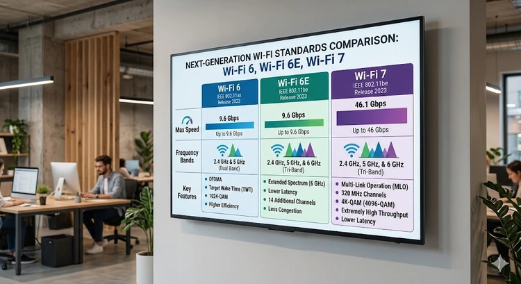WiFi 6 vs WiFi 6E vs WiFi 7 wireless standards comparison chart