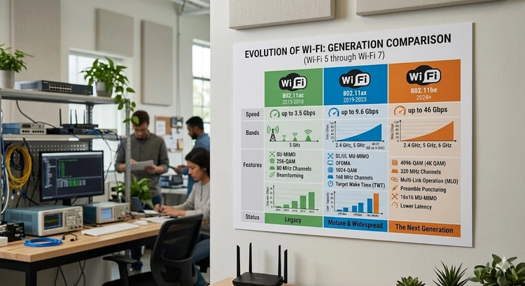 Comparison chart showing WiFi 5 vs WiFi 6 vs WiFi 6E vs WiFi 7 speeds and features