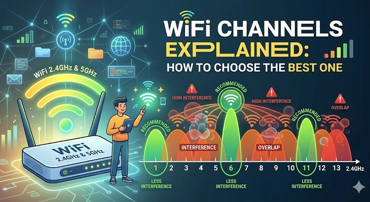 Diagram showing WiFi channel overlap on the 2.4 GHz band with channels 1, 6, and 11 highlighted as non-overlapping
