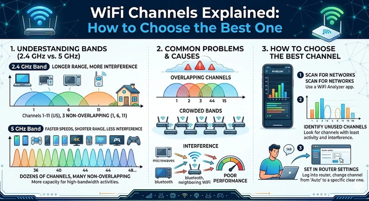 WiFi Channels Explained: How to Choose the Best One &mdash; complete visual guide showing 2.4 GHz and 5 GHz channel maps