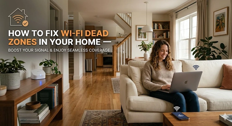 Diagram showing WiFi dead zones in a home floor plan with signal strength heat map
