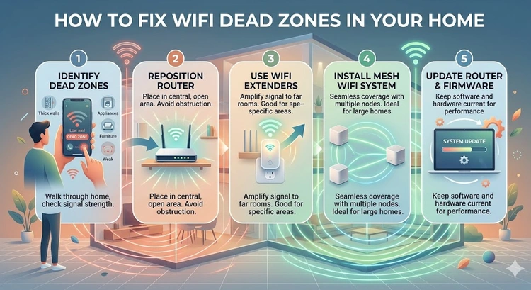 How to Fix WiFi Dead Zones in Your Home &mdash; complete visual guide showing router placement, extenders, and mesh nodes
