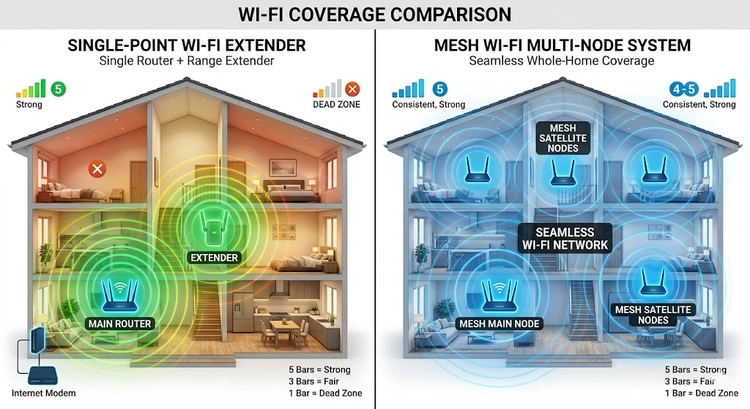 WiFi extender and mesh WiFi system comparison diagram showing coverage differences