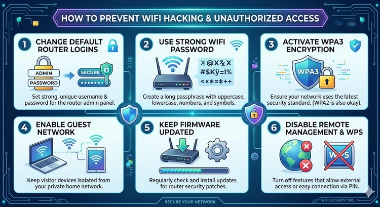 How to Prevent WiFi Hacking and Unauthorized Access &mdash; complete visual guide showing encryption, passwords, firmware, and network monitoring steps