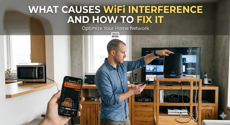 Common sources of WiFi interference including microwaves, neighboring networks, and physical obstacles in a home environment