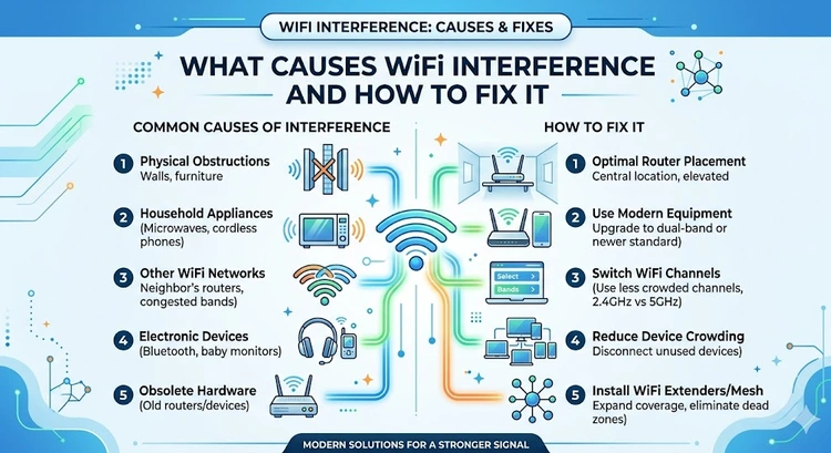 What Causes WiFi Interference and How to Fix It &mdash; complete visual guide showing RF sources, channel overlap, and physical barriers