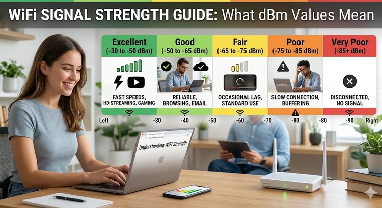 WiFi signal strength dBm values explained on a router signal meter display