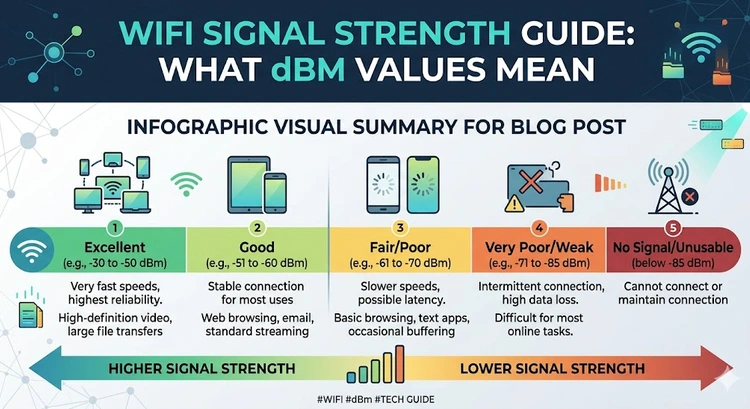 WiFi Signal Strength Guide: What dBm Values Mean &mdash; complete visual guide showing dBm ranges from excellent to unusable
