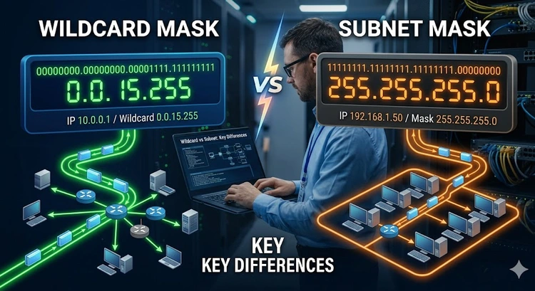 Wildcard mask vs subnet mask comparison diagram showing binary notation differences