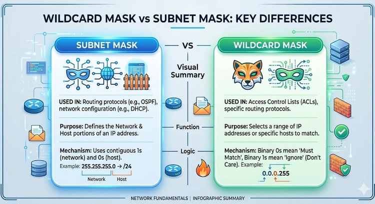 Wildcard Mask vs Subnet Mask: Key Differences &mdash; complete visual guide showing binary and decimal representations