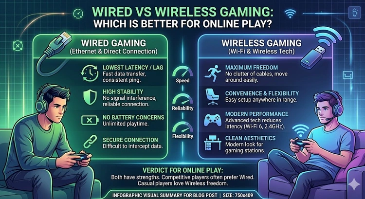 Wired vs Wireless Gaming: Which Is Better for Online Play? &mdash; complete visual guide comparing latency, stability, and setup