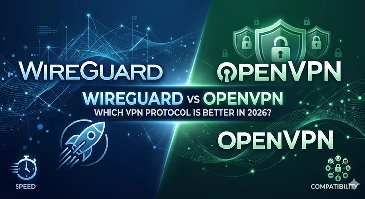 WireGuard vs OpenVPN protocol comparison diagram showing speed and security differences in 2026